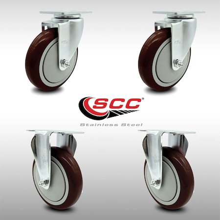 Service Caster 5 Inch SS Maroon Polyurethane Swivel Top Plate Caster Set with 2 Rigid SCC SCC-SS20S514-PPUB-MRN-2-R514-2